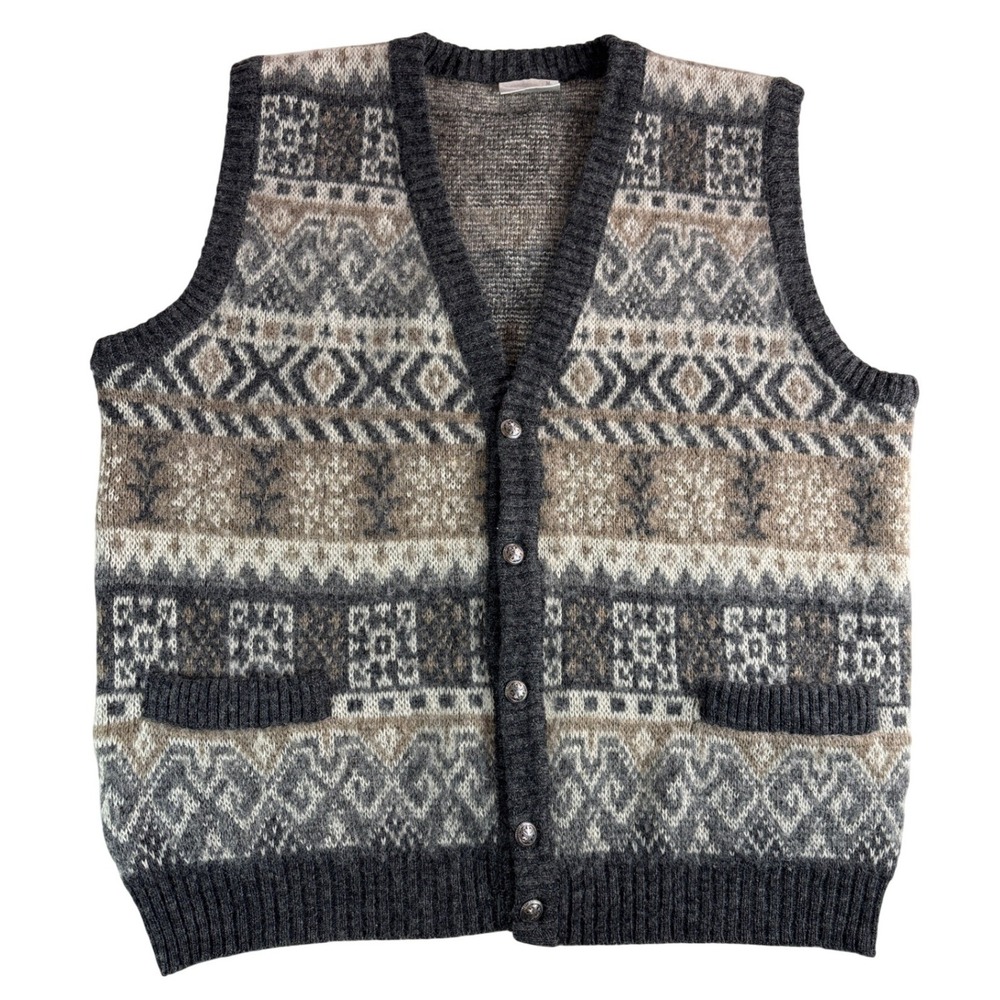 Vintage Alafoss Icelandic Wool Sweater Vest Gray Fair Isle Lopi Button Front M
